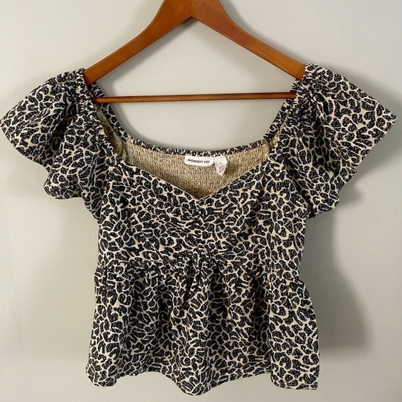 Midnight Sky Black|Beige Off The Shoulder Ruffle Ruched Back Blouse Sz Large - Picture 1 of 4
